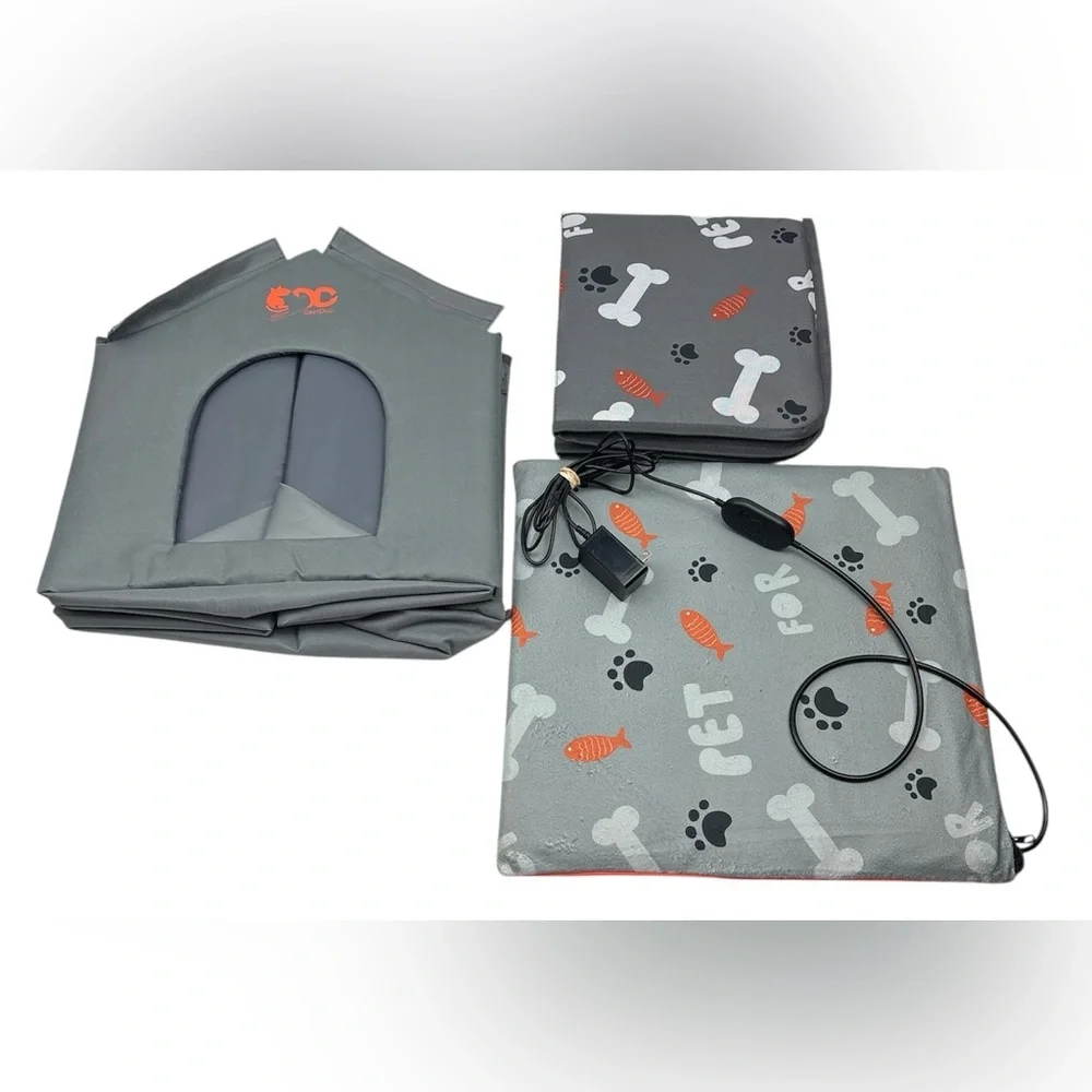 GeerDuo Heated Cat House Electric Gray Orange 16in x 16in Warm Portable Travel